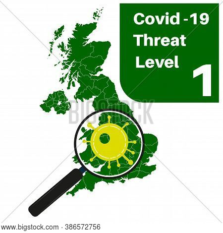 Covid-19 Uk Threat Level 1 (green) With Map And Magnifying Glass