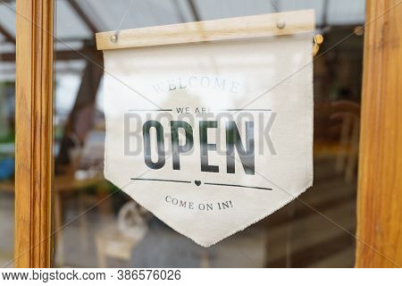 Welcome Open Sign Broad Through The Glass Of Window At Coffee Shop. Shop Ready To Service, Cafe Rest
