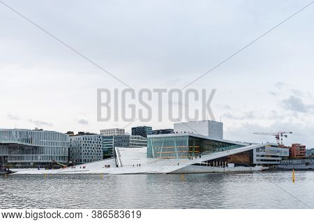 Oslo, Norway - August 10, 2019: Exterior View Of Opera House In Oslo. New Modern Building Designed B