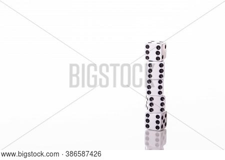 Dice Set For Board Games Isolated On White Background. Five Game Cubes With Six Dotes On Each. Succe