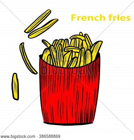 French Fries In Red Packaging, Vector Illustration Of Food