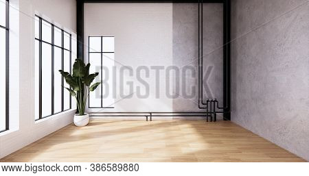 The Interior Loft Style With White Brick Wall Design On Wooden Floor.3D Rendering