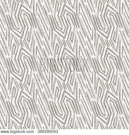 French Woven Linen Texture Geometric Shape Background. Old Ecru Flax Grey Geo Motif Seamless Pattern