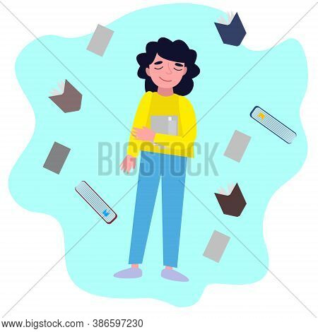 A Girl In A Yellow Jacket Stands With A Stack Of Papers In Her Hands. Abstract Blue Background Of Ra