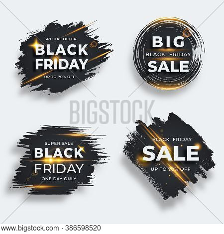 Set Of Four Black Brush Strokes With Flare. Black Friday Sale Templates. Grunge Abstract Black Rough