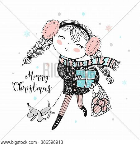 A Cute Girl Is Coming With Gifts And With A Dog Home For Christmas. Vector