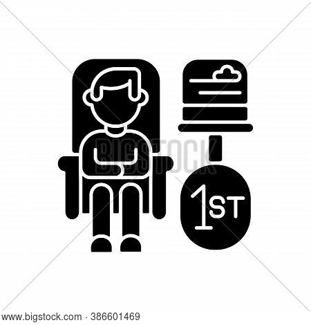 First Class Travel Black Glyph Icon. Luxury Railway Tourism, Premium Service Silhouette Symbol On Wh