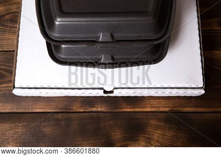 Food Delivery Containers And A Pizza Box Are Stacked. Food Delivery Service, Ready-made Hot Order, S