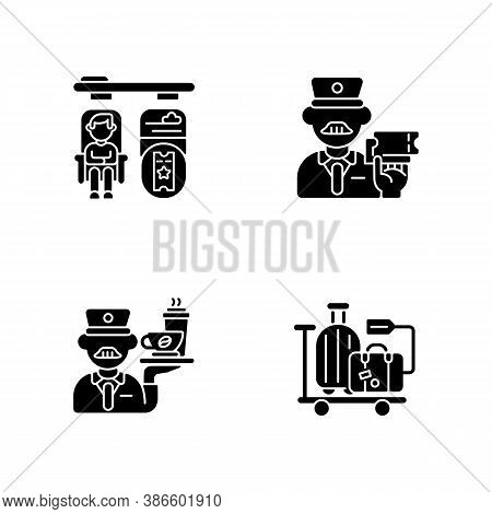 Premium Railway Service Black Glyph Icons Set On White Space. Private Accommodation, Personal Stewar