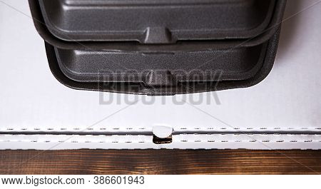 Food Delivery Containers And A Pizza Box Are Stacked. Food Delivery Service, Ready-made Hot Order, S