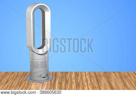 Bladeless Air Fan On The Wooden Table. 3d Rendering