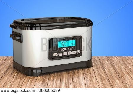 Sous Vide Machine On The Wooden Table. 3d Rendering