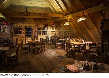 Bialka Tatrzanska, Poland, March 2019 Interior Of Traditional Polish Wooden Restaurant In Popular Wi