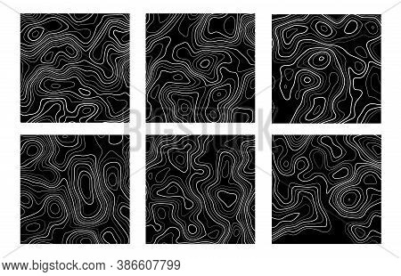 Set Of Topographic Map On Black Background. Vector Grid Map.