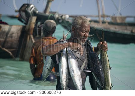 Nungwi, Zanzibar, Tanzania, Africa - January 2020: Black African Man Is Carrying Tuna Fish On The St