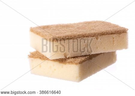 Organic Eco-friendly Sponges For Washing Dishes Isolated On White Background. Dual-sided Scrubbing N