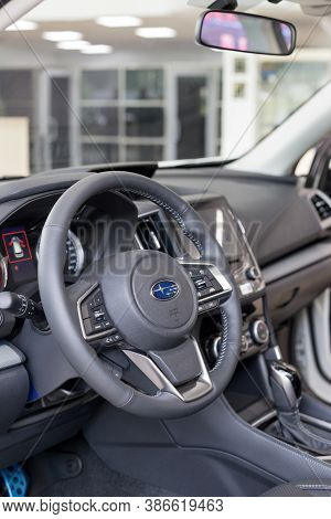 Russia, Izhevsk - August 13, 2020: Subaru Showroom. Interior Of Modern Car Subaru Forester With Auto