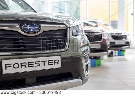 Russia, Izhevsk - August 13, 2020: Subaru Forester And Other New Modern Cars In The Subaru Showroom.
