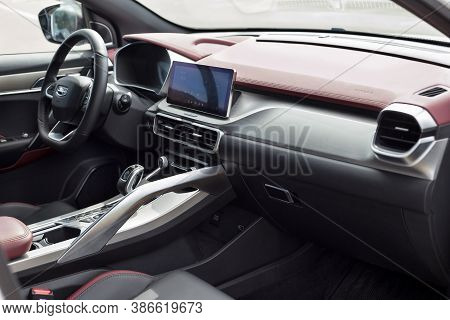 Russia, Izhevsk - August 14, 2020: Geely Showroom. Interior Of New Modern Coolray With Black And Red