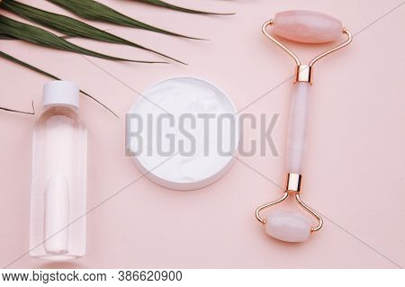 Modern Apothecary Or Home Spa Composition On Pink Background. Selfcare, Relaxation And Beauty Care