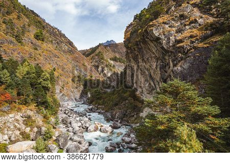 Bidh Koshi River Valley, Nepal. View From The Bridge In Phungi Thenga