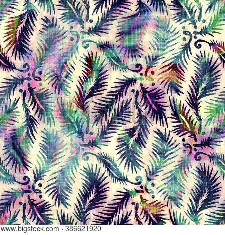 Blurry Rainbow Glitch Artistic Foliage Texture Background. Irregular Bleeding Watercolor Tie Dye Sea