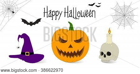 Halloween Set With Pumpkin, Skull, Bats, Spider Web And 
Witch Hat. Vector Illustrations On A White 