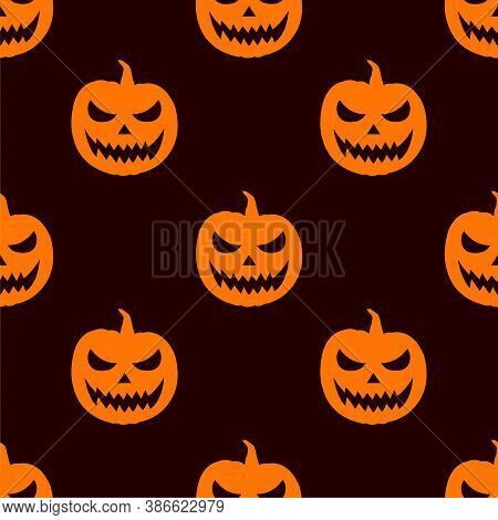 Pumpkin Seamless Pattern. Vector Halloween Colorful Print. Orange Pumpkin On Dark Brown Background