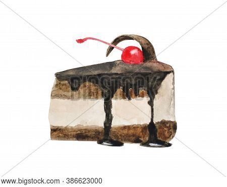 Delicious Chocolate Cake With Cherry. Watercolor Hand Drawing Isolated On A White Background