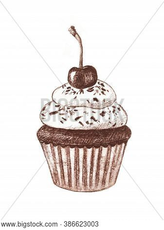 Cupcake With Cream, Chocolate Chips And Cherries. Hand-drawn Illustration On A White Background Isol