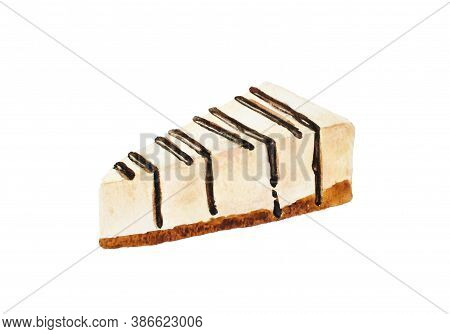 Cheesecake With Chocolate Topping. Watercolor Hand Drawing Isolated. Confectionery Illustration, Bak