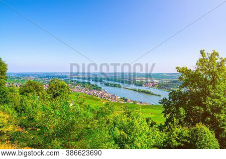 Aerial Panoramic View Of River Rhine Gorge Or Upper Middle Rhine Valley Winemaking Region With Viney