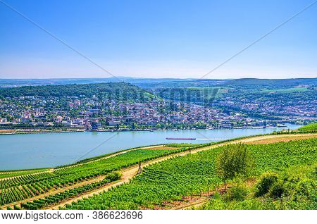 Aerial Panoramic View Of River Rhine Gorge Or Upper Middle Rhine Valley Winemaking Region With Viney