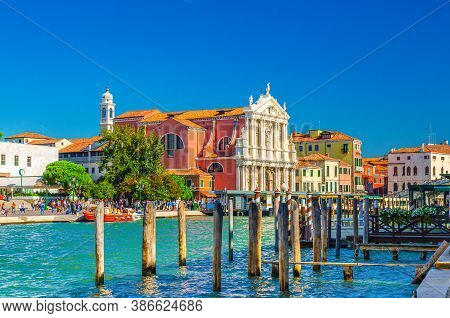 Venice Grand Canal Waterway With Chiesa Di Santa Maria Di Nazareth Or Scalzi Catholic Church, Pier W