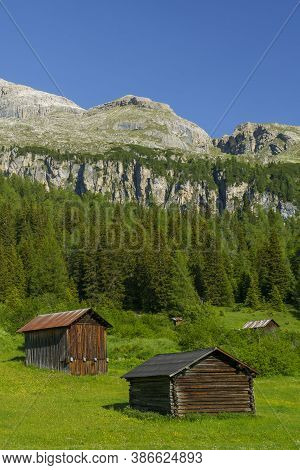 Mountain Landscape At Summer Along The Road To Campolongo Pass, Dolomites, Bolzano Province, Trentin