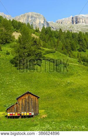 Mountain Landscape At Summer Along The Road To Campolongo Pass, Dolomites, Bolzano Province, Trentin