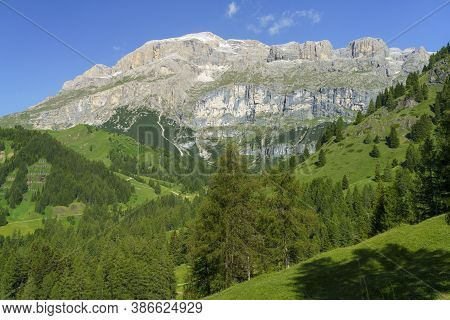 Mountain Landscape At Summer Along The Road To Campolongo Pass, Dolomites, Belluno Province, Veneto,