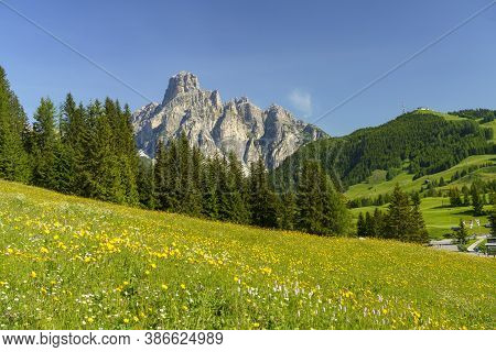 Mountain Landscape At Summer Along The Road To Campolongo Pass, Dolomites, Bolzano Province, Trentin