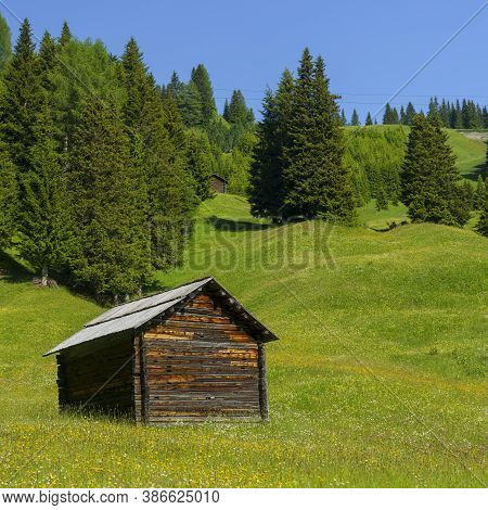 Mountain Landscape At Summer Along The Road To Campolongo Pass, Dolomites, Bolzano Province, Trentin
