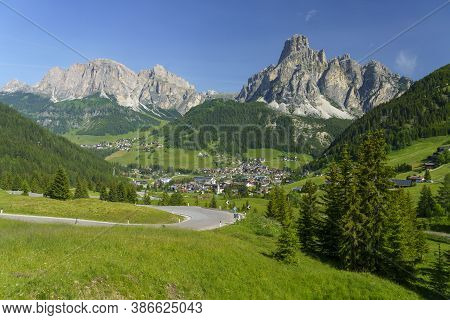 Mountain Landscape At Summer Along The Road To Campolongo Pass, Dolomites, Bolzano Province, Trentin