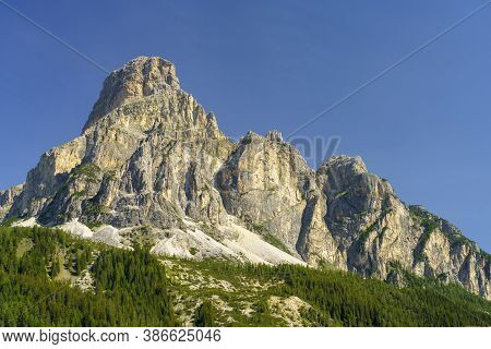 Mountain Landscape At Summer Along The Road To Campolongo Pass, Dolomites, Bolzano Province, Trentin