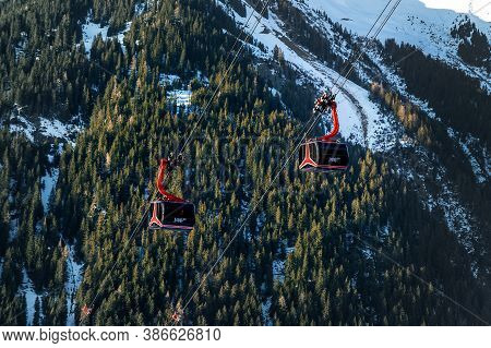 Ischgl, Austria- January 10th, 2018: New Modern Spacious Big Cabin Gondola Pardatschgratbahn Against