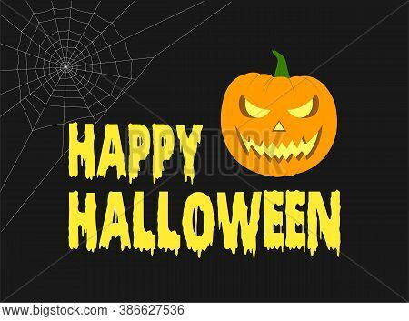 Happy Halloween Banner With Text, Pumpkin And Spider Web, Vector Illustration