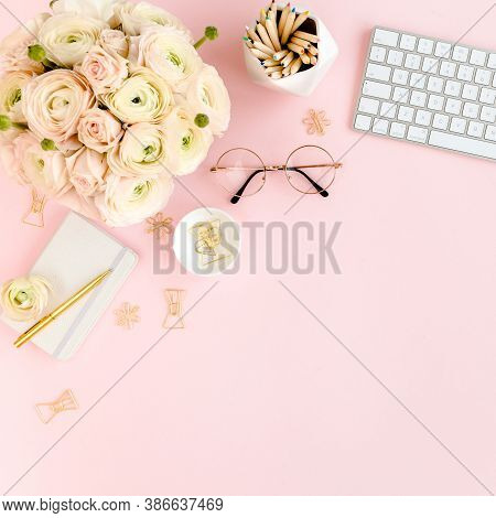 Stylized, Pink Womens Home Office Desk. Workspace With Computer, Bouquet Ranunculus And Roses, Clipb