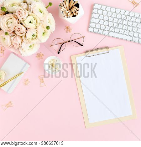 Stylized, Pink Womens Home Office Desk. Workspace With Computer, Bouquet Ranunculus And Roses, Clipb