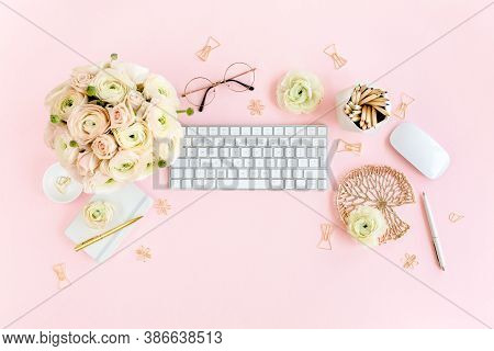 Stylized, Pink Womens Home Office Desk. Workspace With Computer, Bouquet Ranunculus And Roses, Clipb