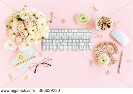 Stylized, Pink Womens Home Office Desk. Workspace With Computer, Bouquet Ranunculus And Roses, Clipb