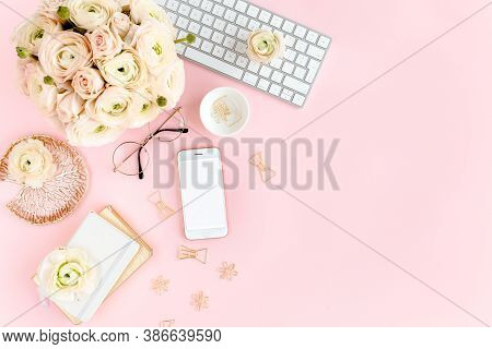 Stylized, Pink Womens Home Office Desk. Workspace With Computer, Bouquet Ranunculus And Roses, Phone