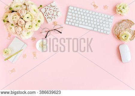 Stylized, Pink Womens Home Office Desk. Workspace With Computer, Bouquet Ranunculus And Roses, Clipb