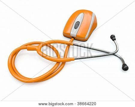Stethscope ve bilgisayar fare. Tıp risalesi. 3D